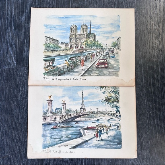 2 Vintage Peter Arno Paris Watercolors signed MCM 1960s Notre Dame Eiffel Tower - Picture 2 of 7